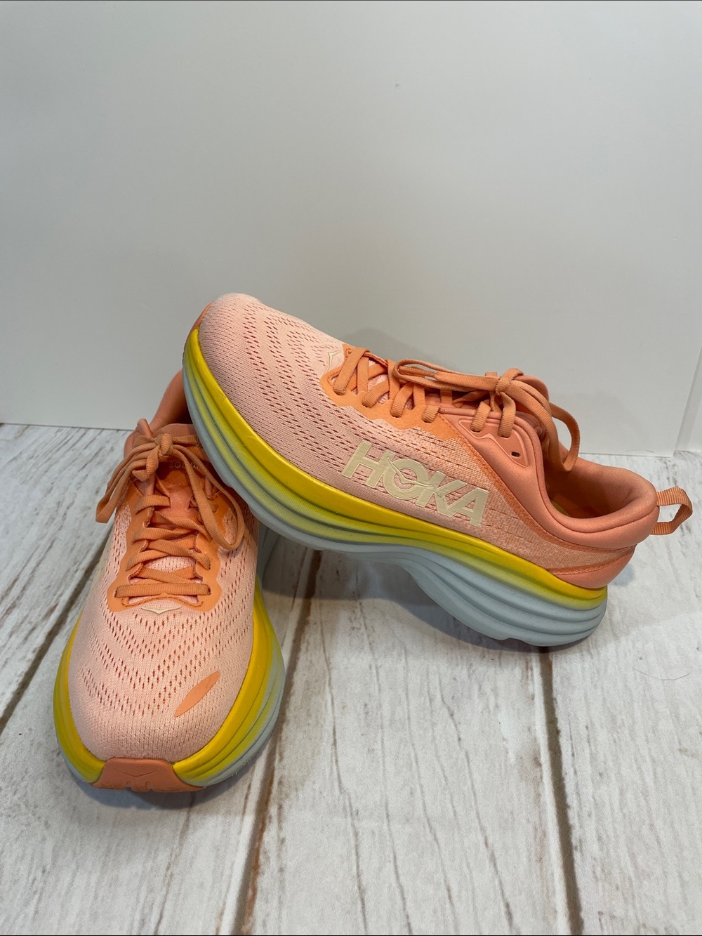 Hoka Bondi 8 Women's 9.5 Peach Yellow Sneakers Athletic Running Shoes